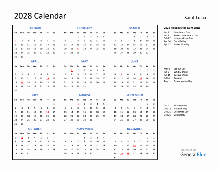 2028 Calendar with Holidays for Saint Lucia