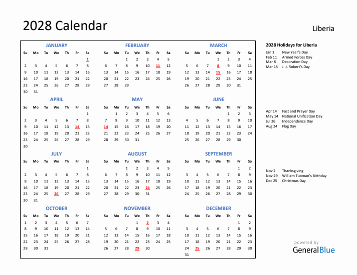 2028 Calendar with Holidays for Liberia