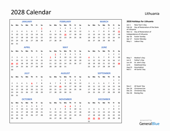2028 Calendar with Holidays for Lithuania