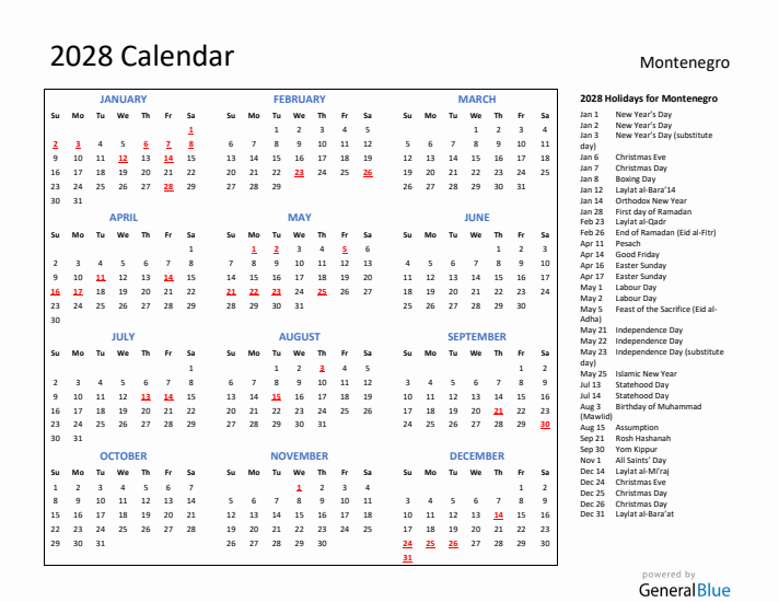 2028 Calendar with Holidays for Montenegro