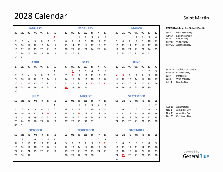2028 Calendar with Holidays for Saint Martin
