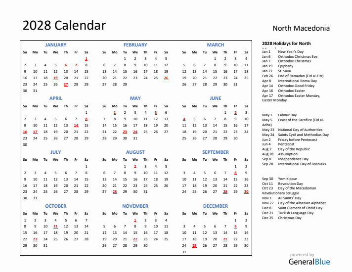 2028 Calendar with Holidays for North Macedonia