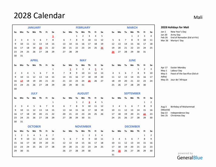 2028 Calendar with Holidays for Mali