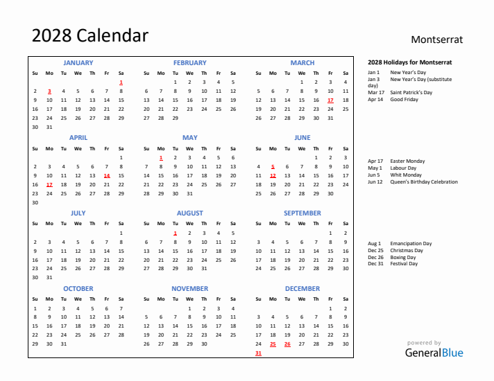 2028 Calendar with Holidays for Montserrat