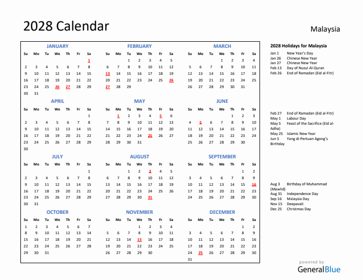 2028 Calendar with Holidays for Malaysia