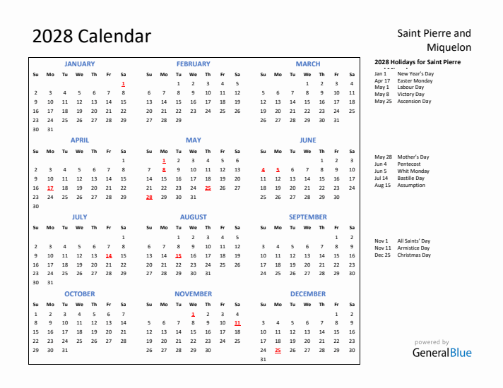 2028 Calendar with Holidays for Saint Pierre and Miquelon