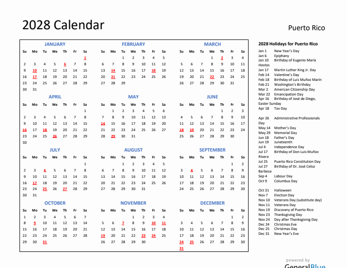 2028 Calendar with Holidays for Puerto Rico