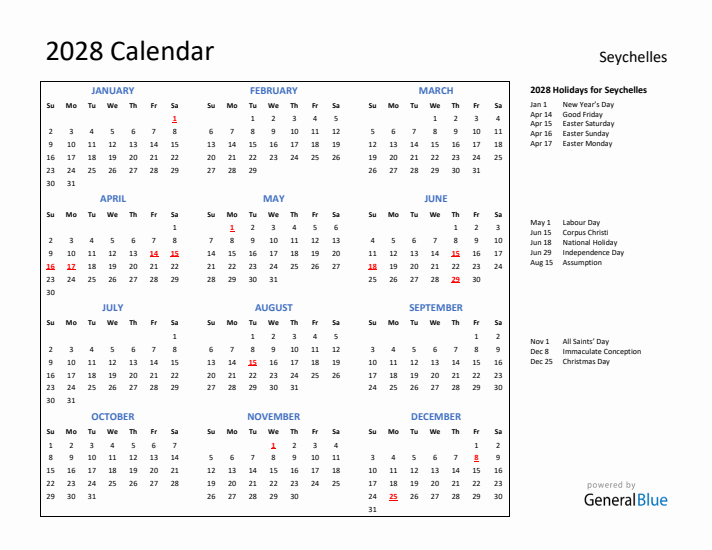 2028 Calendar with Holidays for Seychelles