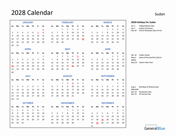 2028 Calendar with Holidays for Sudan