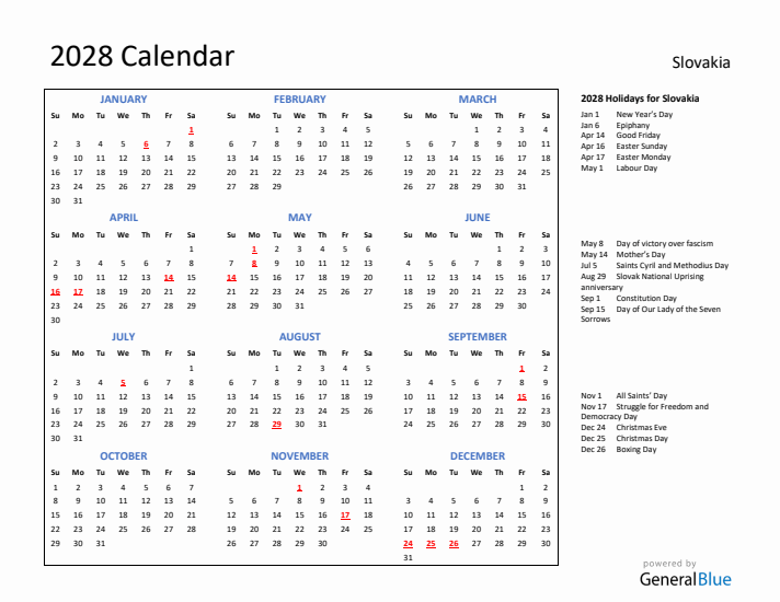 2028 Calendar with Holidays for Slovakia