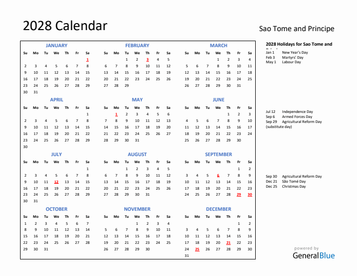2028 Calendar with Holidays for Sao Tome and Principe