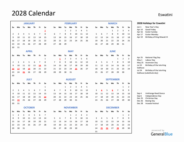 2028 Calendar with Holidays for Eswatini
