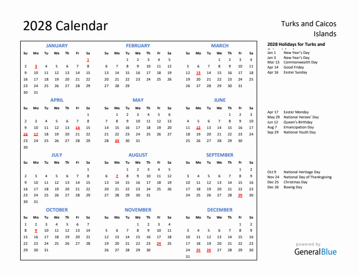 2028 Calendar with Holidays for Turks and Caicos Islands
