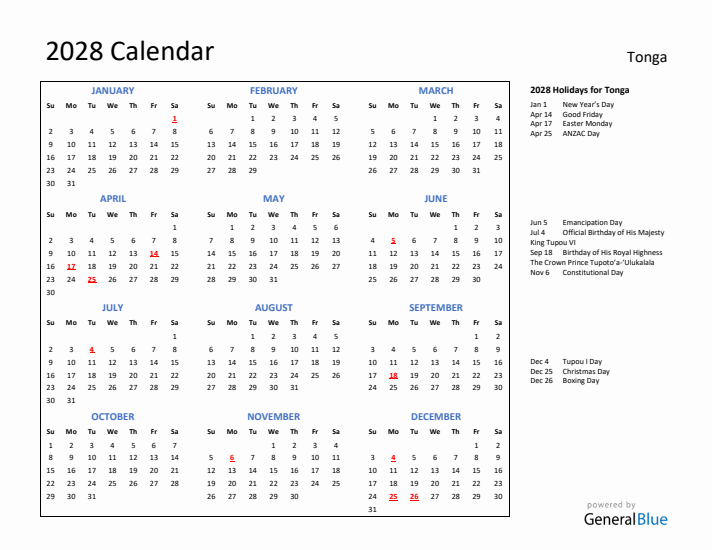 2028 Calendar with Holidays for Tonga