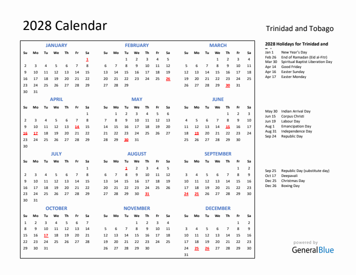 2028 Calendar with Holidays for Trinidad and Tobago