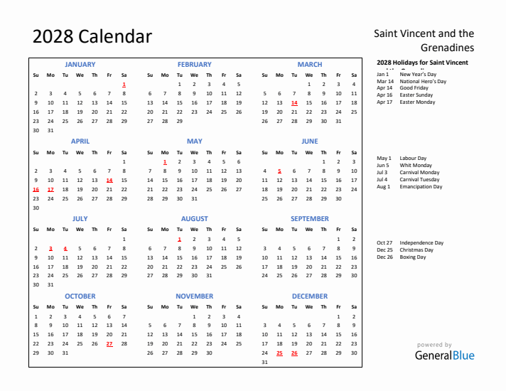 2028 Calendar with Holidays for Saint Vincent and the Grenadines