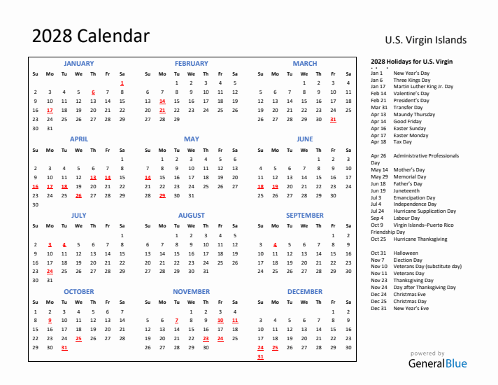 2028 Calendar with Holidays for U.S. Virgin Islands