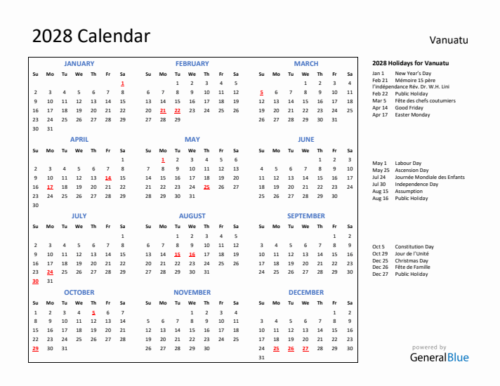 2028 Calendar with Holidays for Vanuatu