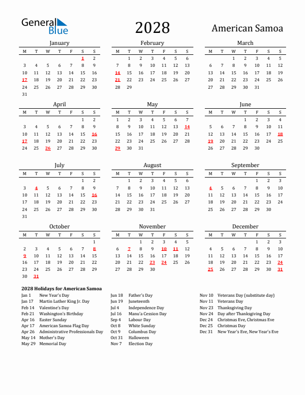 American Samoa Holidays Calendar for 2028