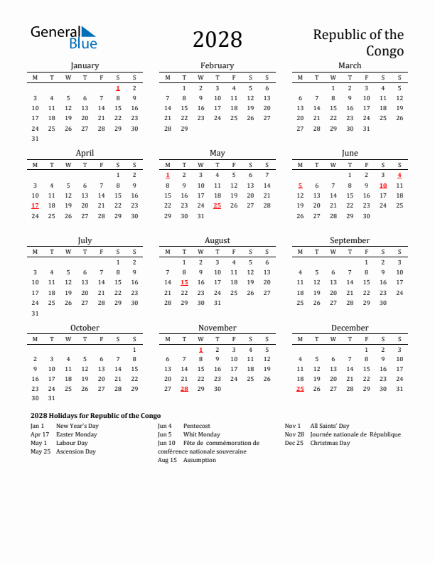 Republic of the Congo Holidays Calendar for 2028