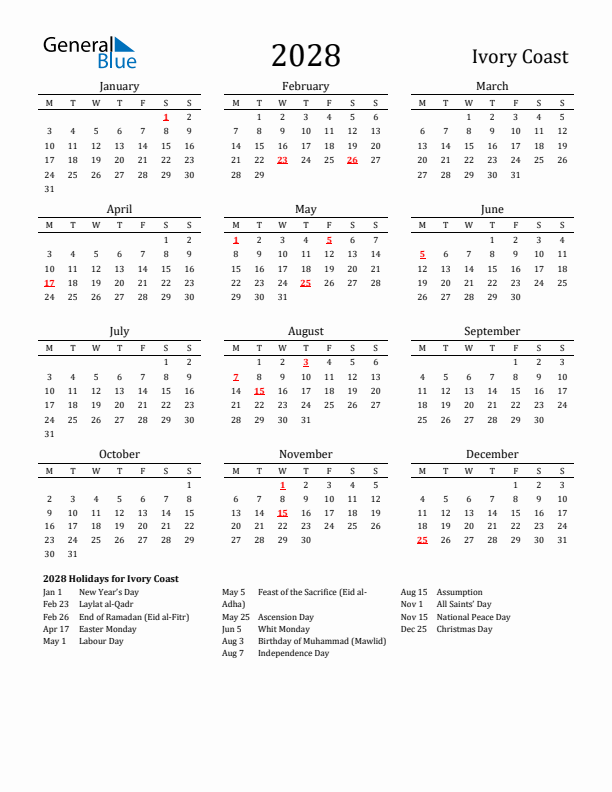 Ivory Coast Holidays Calendar for 2028
