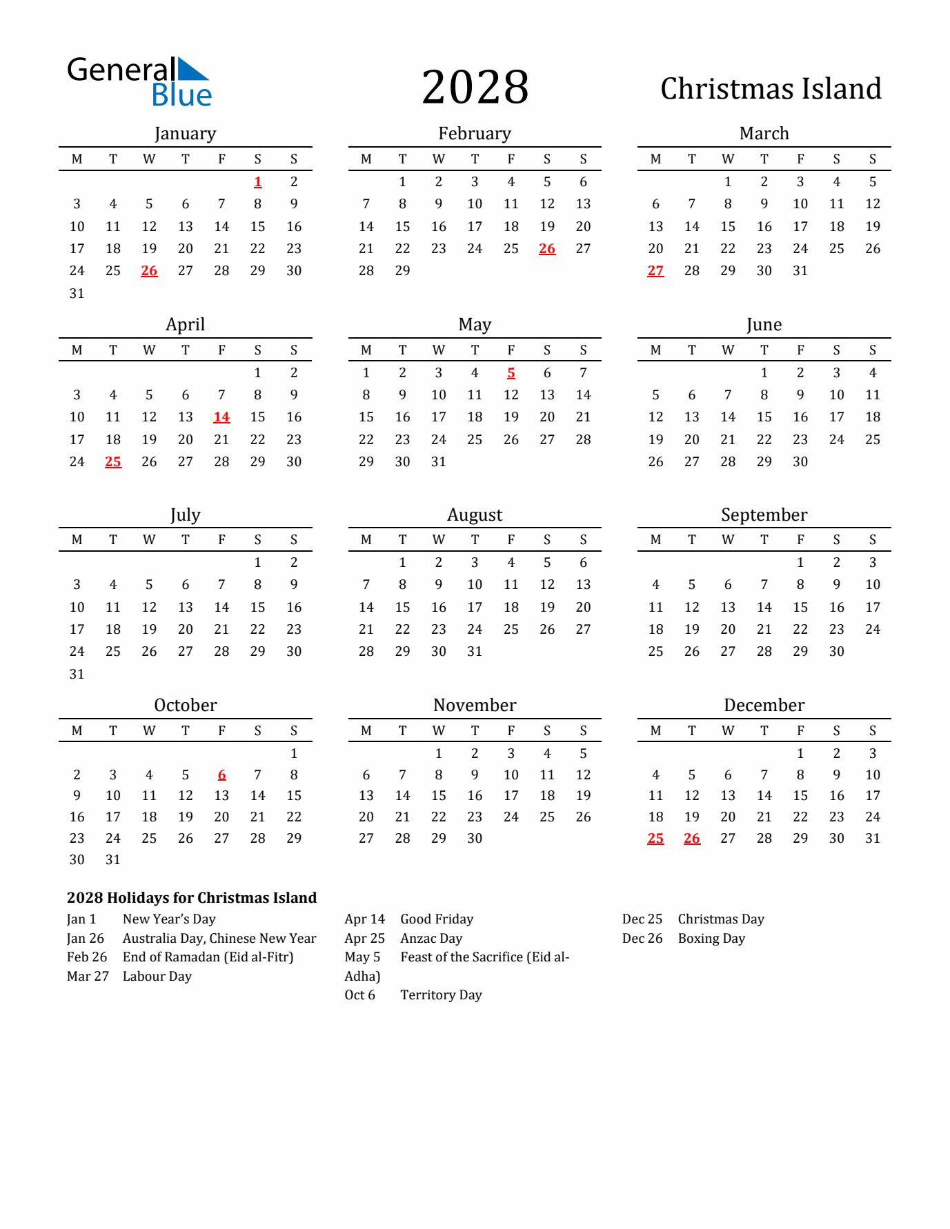 Christmas Island Holidays Calendar for 2028