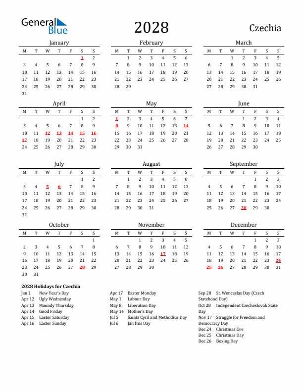 Czechia Holidays Calendar for 2028