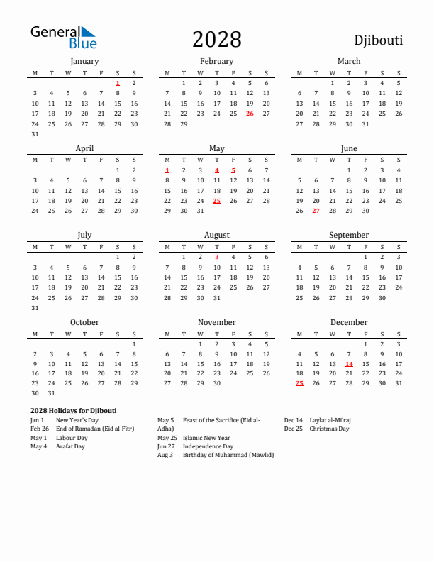 Djibouti Holidays Calendar for 2028