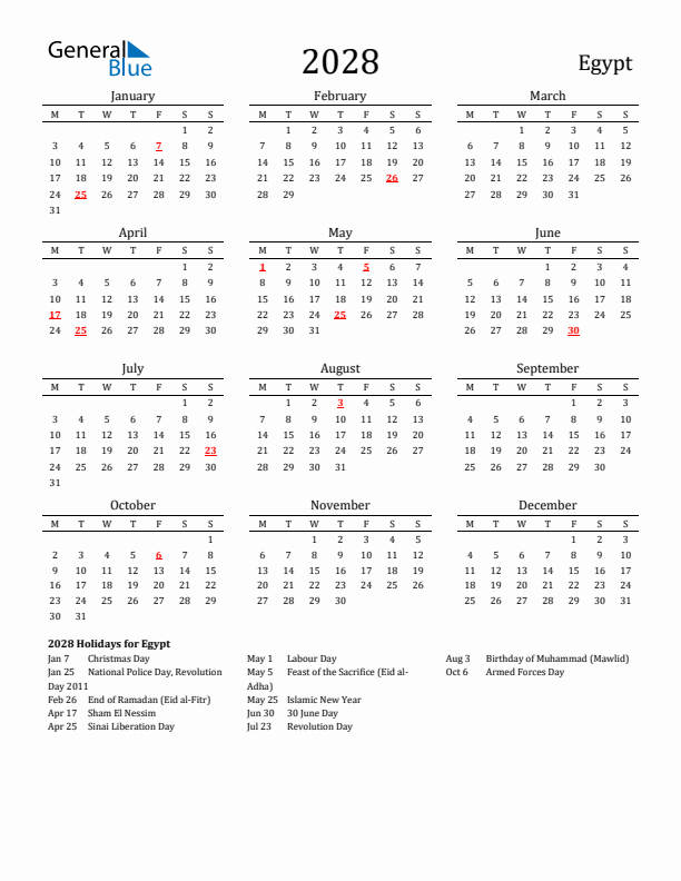 Egypt Holidays Calendar for 2028