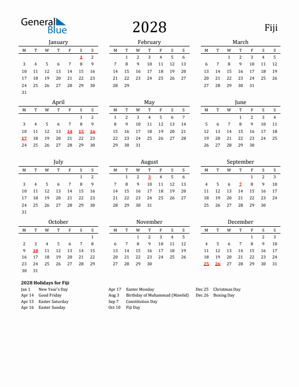 Fiji Holidays Calendar for 2028