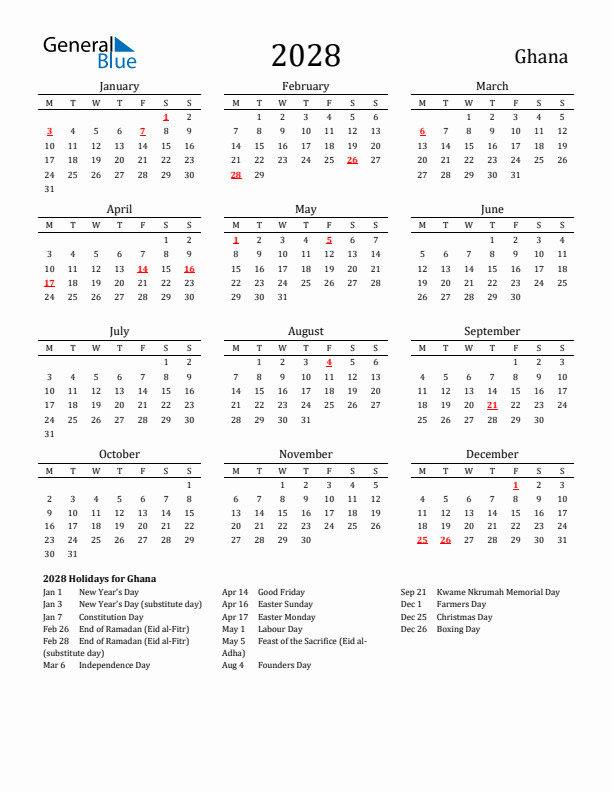 Ghana Holidays Calendar for 2028