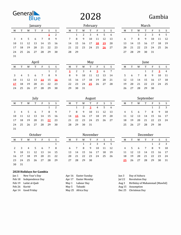 Gambia Holidays Calendar for 2028