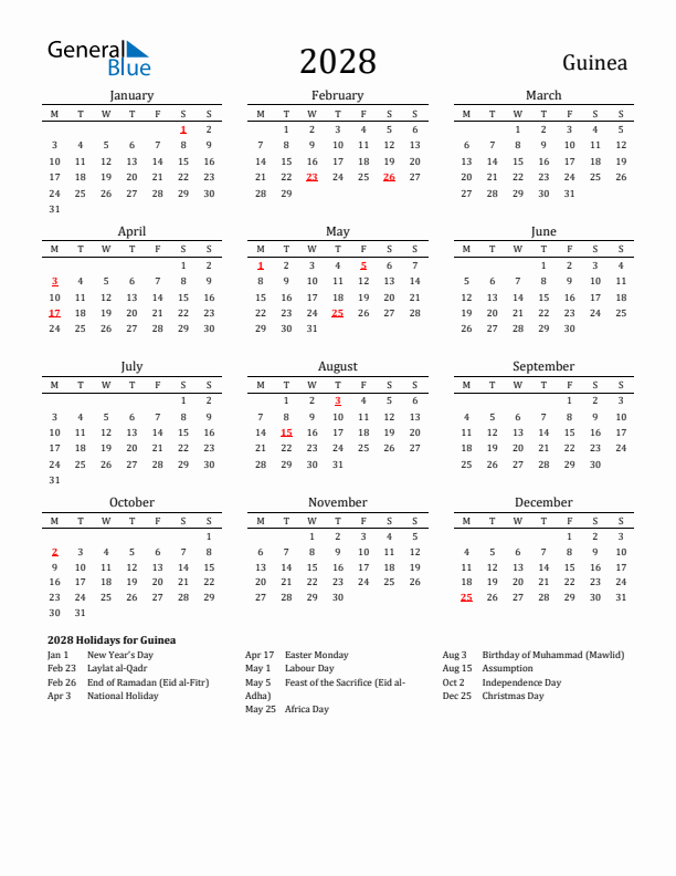 Guinea Holidays Calendar for 2028
