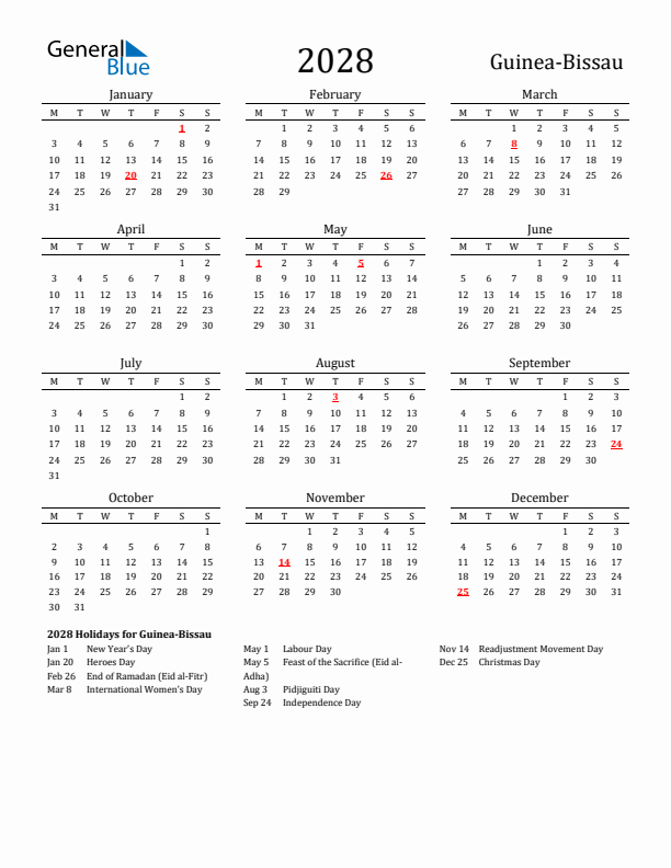 Guinea-Bissau Holidays Calendar for 2028