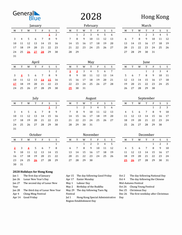 Hong Kong Holidays Calendar for 2028