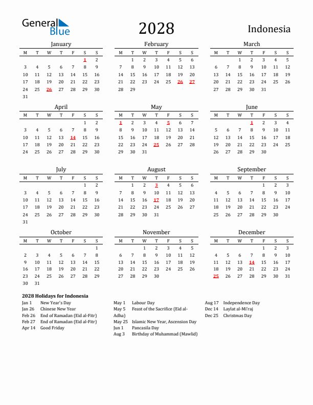 Indonesia Holidays Calendar for 2028