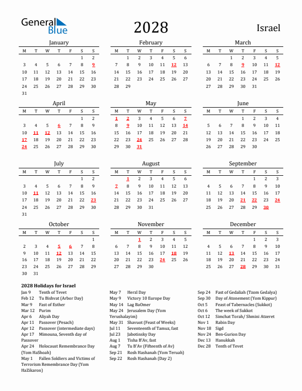 Israel Holidays Calendar for 2028