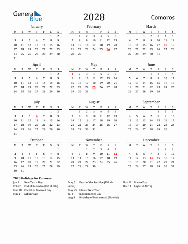 Comoros Holidays Calendar for 2028
