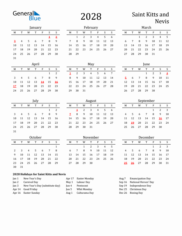 Saint Kitts and Nevis Holidays Calendar for 2028
