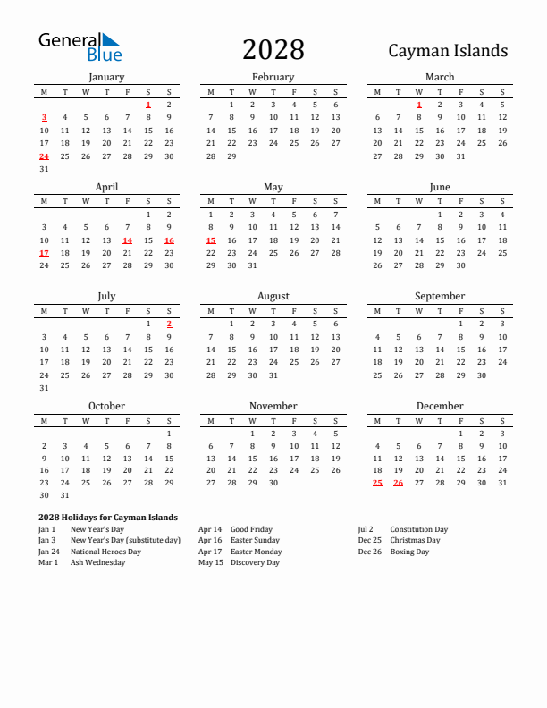 Cayman Islands Holidays Calendar for 2028