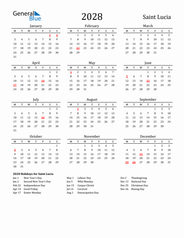 Saint Lucia Holidays Calendar for 2028