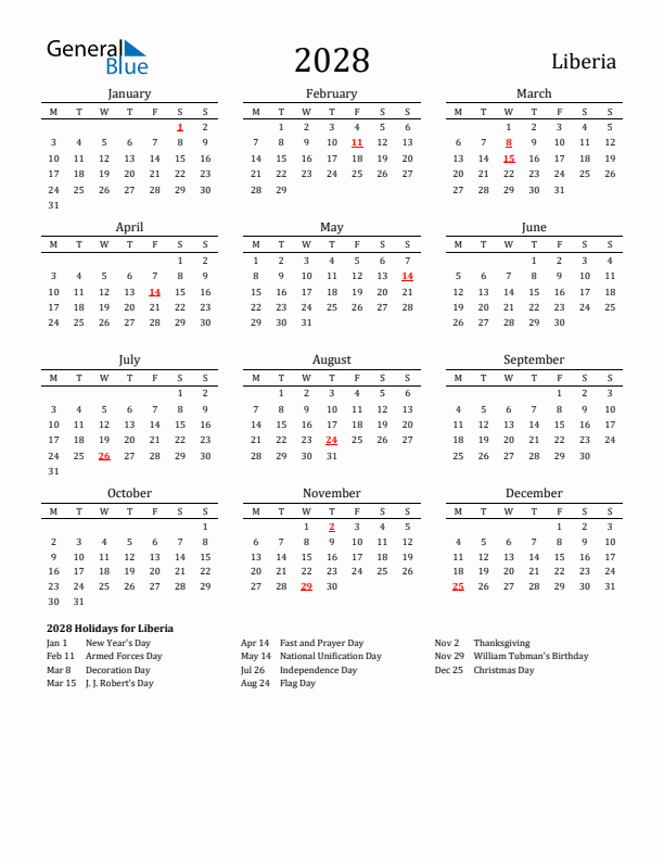 Liberia Holidays Calendar for 2028