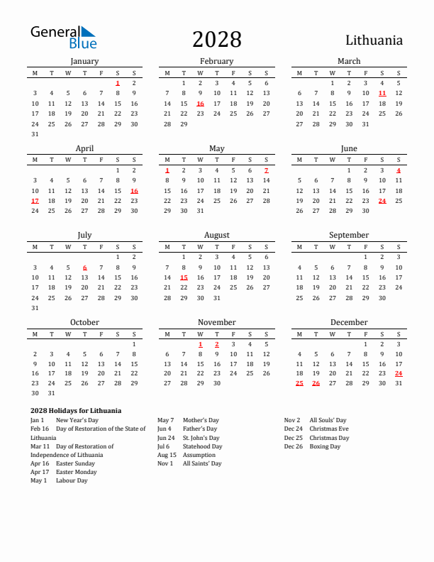 Lithuania Holidays Calendar for 2028
