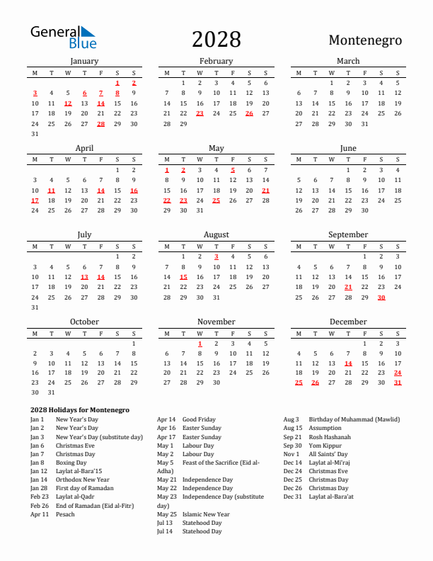 Montenegro Holidays Calendar for 2028