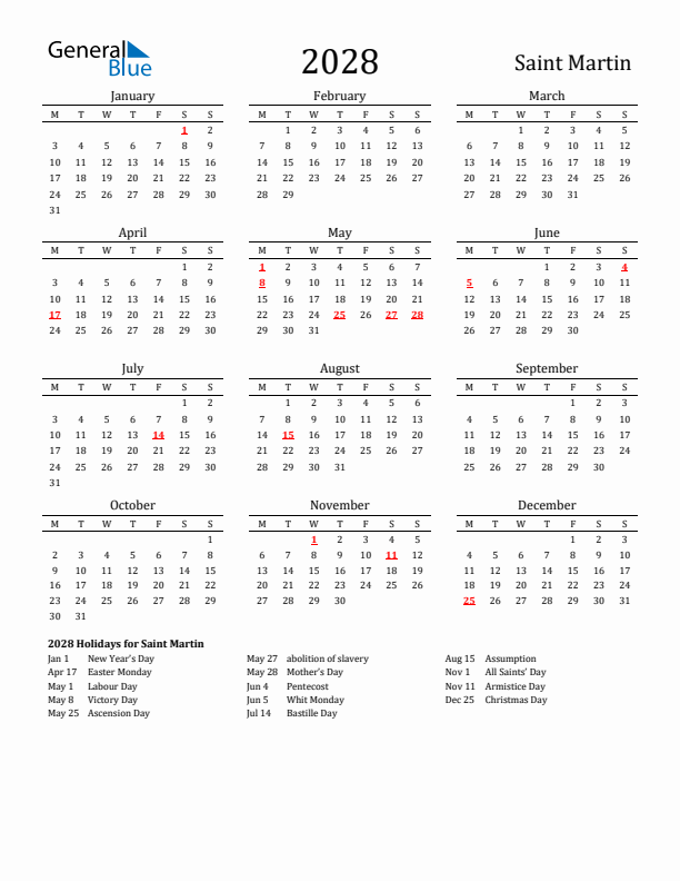 Saint Martin Holidays Calendar for 2028