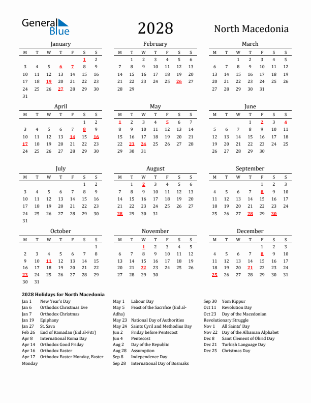 North Macedonia Holidays Calendar for 2028