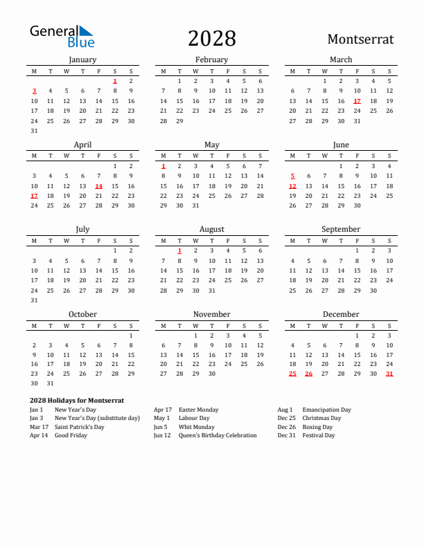 Montserrat Holidays Calendar for 2028