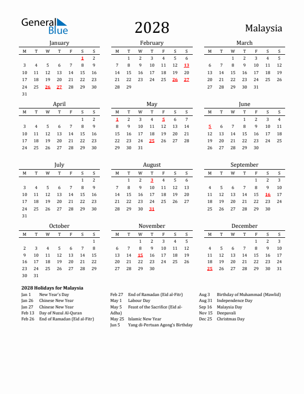 Malaysia Holidays Calendar for 2028