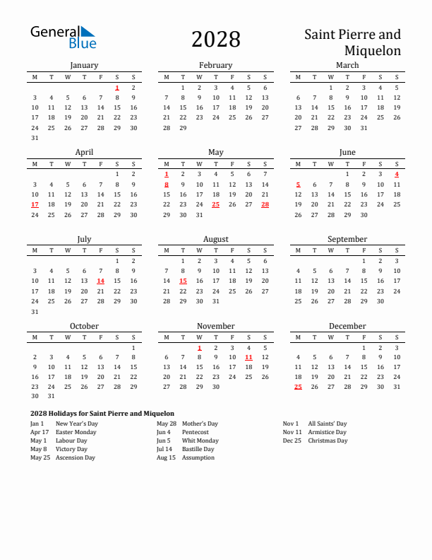 Saint Pierre and Miquelon Holidays Calendar for 2028
