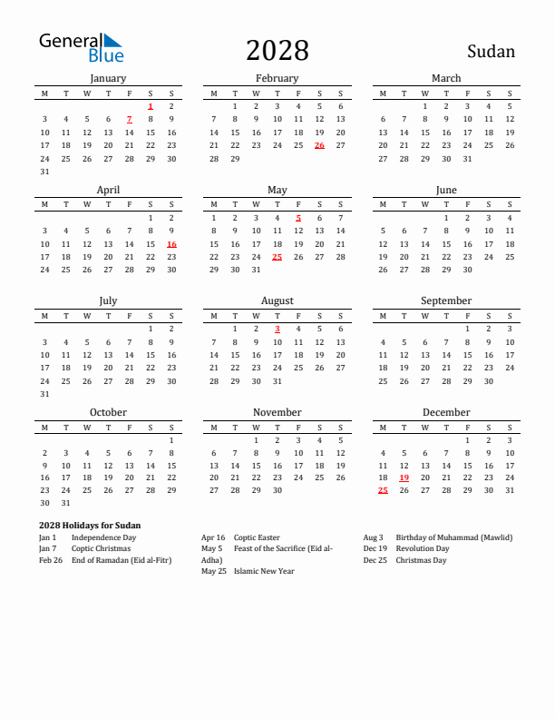 Sudan Holidays Calendar for 2028